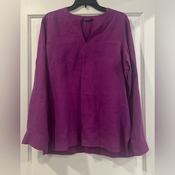 Lauren Ralph Lauren Blouse Women’s  L Purple 100% Linen Roll Tab Sleeve Tunic - Picture 8 of 8